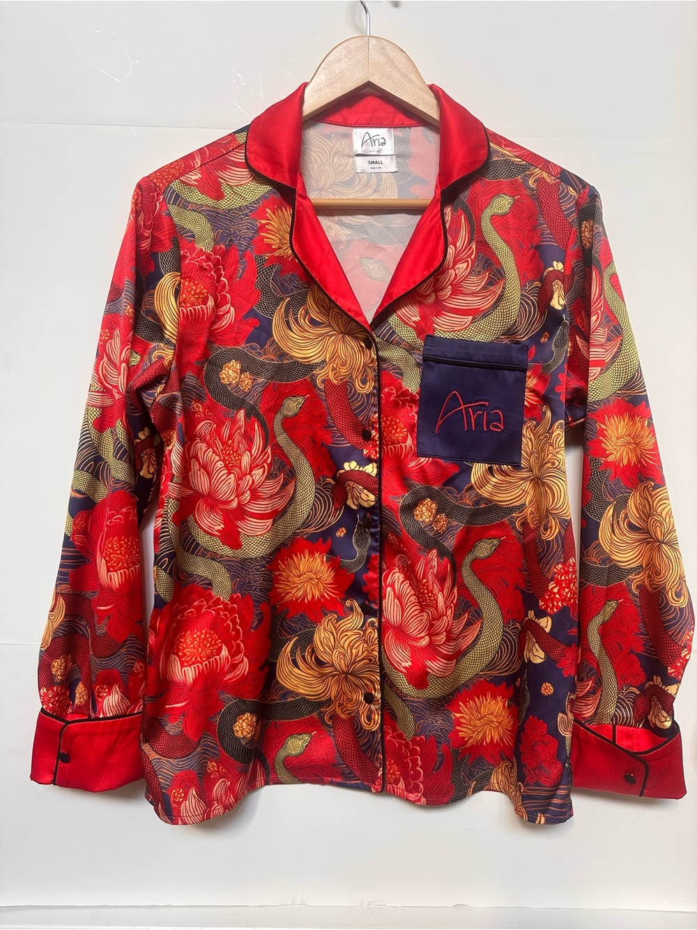Aria by Averie Two-Piece Red Snake Print Satin Pajama Set Long Pants - Small - Picture 3 of 10